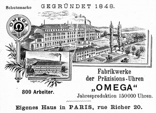 Omega-Werk am Standort Gurzelen und Bözingenstrasse. Inserat aus Allgemeines Journal der Uhrmacherkunst 1900, Nr. 3.