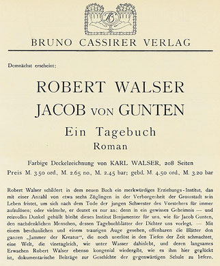 Ankündigung des Romans Jacob von Gunten, im März 1909