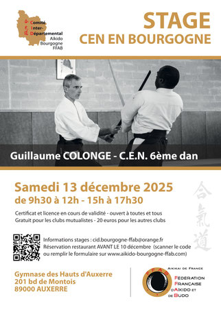 Samedi 13 Décembre 2025 : Stage ouvert à tous à  Auxerre encadré par Guillaume Colonge CEN 6e Dan.