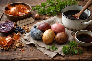 Rustikale Szene mit natürlich gefärbten Ostereiern auf einem alten Holztisch, daneben Zwiebelschalen, Rotkohl, Walnussschalen, Kräuter und ein Emailletopf mit Farbsud.