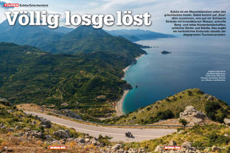 Vogelfrei: Steil stürzt das Dirfys-Gebirge zur Küste hinab. Weit unten flimmern die dunklen Strände con Chiliadou und Metochiou.