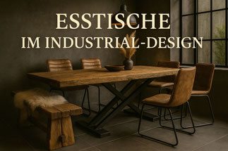 Industrial-Esstisch aus Eiche mit schwarzem X-Gestell – Link zur Kategorie Esstische im Industrial Design