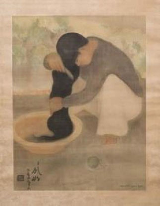 9 DEC.2009. PIASA PARIS. JEUNE FEMME AGENOUILLEE DEVANT UN BASSIN SE LAVANT LES CHEVEUX. Encre et gouache sur soie,  bas à dte NGUYÊN NAM SON, bas à gauche caracteres chinois et le cachet de l'artiste 66,5x51 cm. LOT 294. " SIGNATURE SUSPECTE. ....."