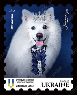 Japanese Spitz SIMBA, Japanese Spitz, Spitz, Simba, mood color, crown, royal, fashion, luxury, exclusive, tie, blue, mood color, NFT, collection, collectible, doggy, white dogs