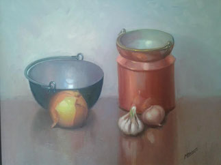 Caldero con cebolla y ajos. óleo sobre lienzo 61 x 50