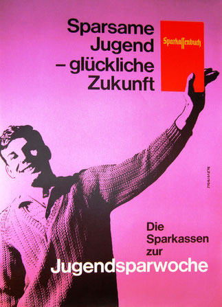 Jugendlicher präsentiert Sparkassenbuch. Weltspartags Plakat um 1958.