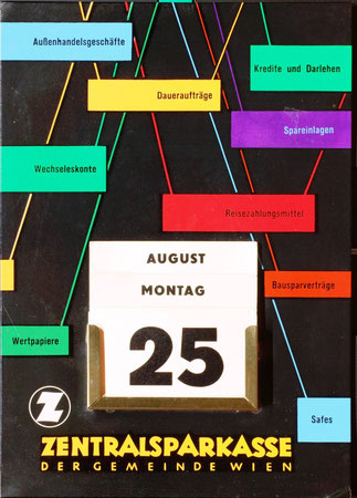 Kalender mit Sparkassen Dienstleistungen - Aufsteller der Zentralsparkasse. Grafik Heinz Traimer 1957.