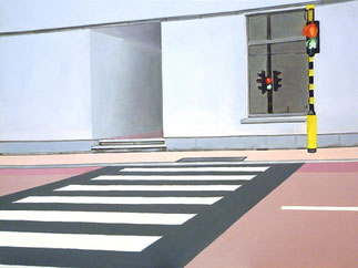 Living Canvas — “Happy Beating Heart” versus “The Whistlers” — painting of an empty street scene with a zebra crossing and a traffic light on a black-and-yellow pole; the perspective leads toward a building with a window in which a second traffic light ap