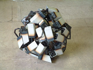 Camera Ball — sculpture composed of (fake) cameras entangled into a compact spherical form, where devices of observation merge into a single inseparable mass.