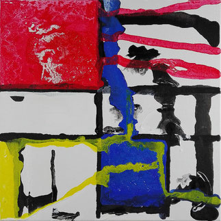 Back to Nature with Piet Mondrian No. 1.4 — final result of the painting; a Mondrian-like grid in which red, blue and yellow paint flows across and along the black lines.