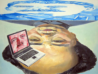 Living Canvas — Scanning Cows for the Next Revolution — painting with a large upside-down face in which historical figures such as Mao, Hitler and Stalin merge; above the head a blue landscape appears while a laptop showing a face on its screen rests on t