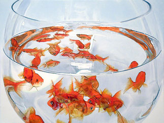 Movement and Stillness — Four Minutes Goldfish — painting in which multiple positions of a goldfish in a round glass bowl overlap; the successive movements of four minutes of swimming are combined into a single image.