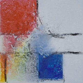 Terug naar de natuur met Piet Mondriaan nr. 1.2 — eindresultaat van het schilderij; een Mondriaanachtig raster waarin rode, blauwe en gele kleurvlakken gedeeltelijk uitlopen en mengen binnen de zwarte lijnen.