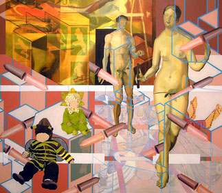 Movement and Stillness — Sex Everywhere Sex — painting in which fragments from art history, children’s figures and transparent geometric structures are combined; several floating condoms cross the pictorial space, referring to the movement of a karaoke vi