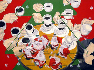 Movement and Stillness — Drinking a Cup of Coffee in 180° — painting in which multiple hands holding coffee cups appear around a round table; small Santa figures stand in the center while green triangular shapes and falling snowflakes combine different mo