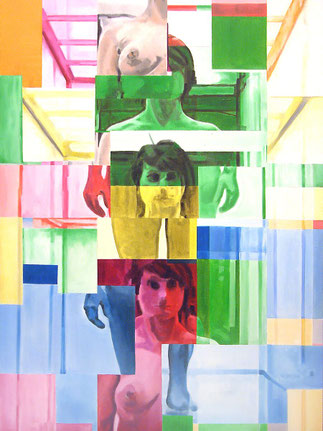 Levend canvas — Nu descendant par un ascenseur — schilderij waarin een naakte vrouwenfiguur in fragmenten wordt opgebouwd uit transparante rechthoeken en kleurvlakken; de figuur verschijnt als een gelaagde collage van lichaamsdelen en kleuren in een archi