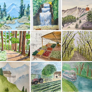 une mosaique avec des aquarelles de carnet de voyage sur le thème de la montagne et de la campagne