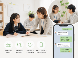 小人数だから目が届く、小さな変化も見逃さない、一人一人をしっかり把握、登校していない日もLINEでつながる