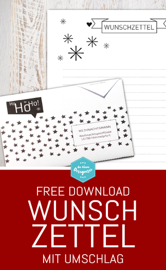 Wunschzettel mit Umschlag einfach downloaden, ausdrucken und falzen. Ein schöner, schlichter Wunschzettel für Weihnachten in schwarzweiss. Noch mehr Freebies zum download unter www.die-kleine-designerei.com