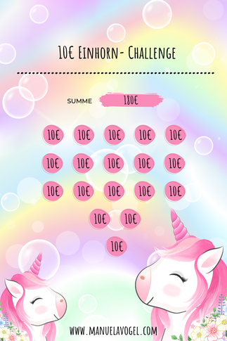 10€ Einhornchallenge 2 -kostenloses Sparchallenge Template für die Umschlagmethode