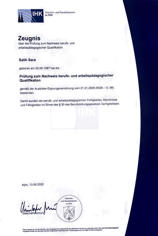 IHK Zeugnis Salih Sara zur Prüfung zum Nachweis berufs- und arbeitspädagogischer Qualifikation