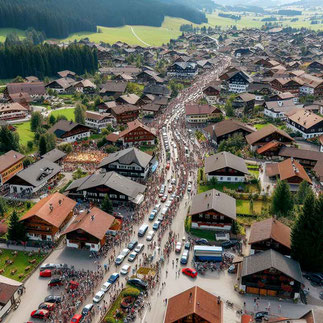 Luftaufnahme eines bayrischen Dorfes, voller Menschenmassen. Sehr viele Menschen und Autosverstopfen die Straßen