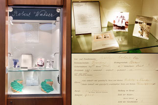 Une vitrine avec des documents et des photos de Robert Walser dans le restaurant de la clinique psychiatrique Herisau.