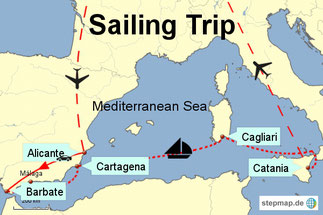 Bild: Karte unseres Segeltrips durch das Mittelmeer von Barbare in Spanien bis Catania auf Sizilien