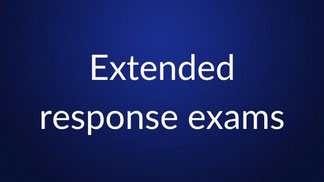 White text reading “Extended response exams” is centered on a plain dark blue background.