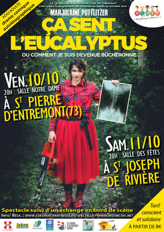 Affiche "Ça sent l'eucalyptus", drame comique autobiographique sur le thème du HANDICAP INVISIBLE