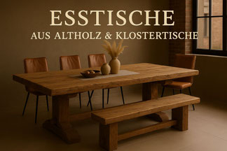 Rustikaler Klostertisch aus antiker Eiche mit Bank – Link zur Kategorie Esstische aus Altholz & Klostertische