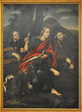 Popolasca - Eglise Saint-Dominique - Saint Roch et son chien à gauche, saint Jean et l'aigle et saint François d'Assise stigmates aux mains à droite 