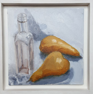 "Bottle and Pears". BaP01o 20.5x20.5cm oil on canvas board,Framed