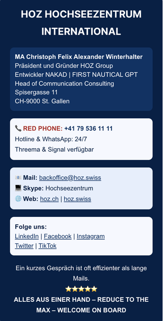 Kontaktbox HOZ Hochseezentrum International, Christoph Winterhalter, 24/7 RED PHONE, Social Media, E-Mail und Motto: Alles aus einer Hand