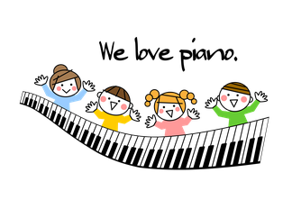 楽しそうに４人の人々がピアノを弾いているイラスト　We love piano