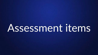 White text reading “Assessment items” is centered on a plain dark blue background.