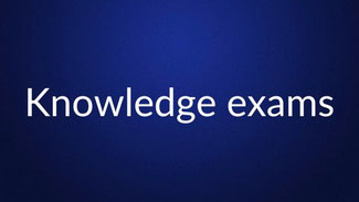 White text reading “Knowledge exams” is centered on a plain dark blue background.