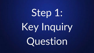 White text reading “Step 1: Key Inquiry Question” is centered on a plain dark blue background.