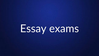 White text reading “Essay exams” is centered on a plain dark blue background.