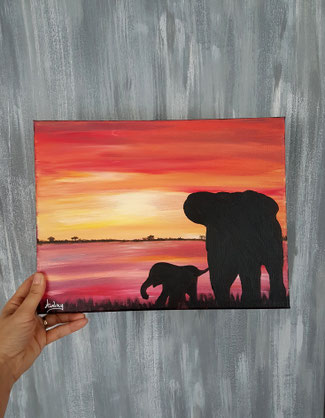 comment peindre un tableau africain avec coucher de soleil et elephant