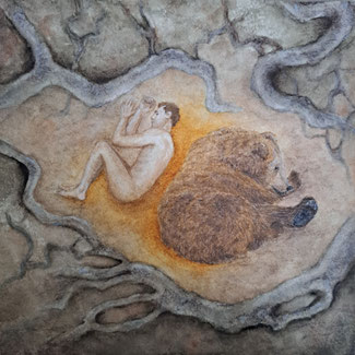 Le refuge de l'ours, aquarelle, papier 20x20cm, 2025