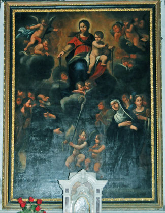 Bastia - Oratoire Sainte Croix - La Vierge et l'Enfant remettent la ceinture des Augustins à Saint Augustin et Sainte Monique en présence de dévots et dévotes - attribué à Carlo-Lorenzo Farinole peintre bastiais actif de 1670 à 1710