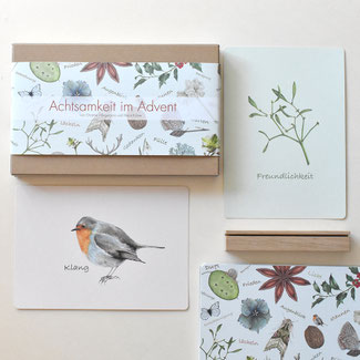 24 Tage voller Achtsamkeit, Illustrationen von Christine Wiegelmann und Impulse von Maria Köhne. Vom Rotkehlchen über das Schneeglöckchen bis hin zur Hortensienblüte, im Aquarell gezeichnet ist alles dabei.
