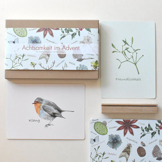 24 Tage voller Achtsamkeit, Illustrationen von Christine Wiegelmann und Impulse von Maria Köhne. Vom Rotkehlchen über das Schneeglöckchen bis hin zur Hortensienblüte, im Aquarell gezeichnet ist alles dabei.
