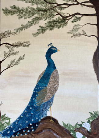 Japanese Nihonga painting showing a peacock standing on a pine tree with delicious details traditional painting