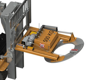 Finken Vakuumheber zum 90° Schwenken von Coils bis 500 Kg. Gabelstapleranbaugerät mit elektrischer Schwenkeinrichtung.