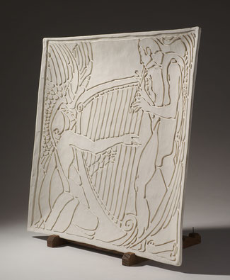 Magali-Nourissat-sculpture-bas-relief-plâtre-blanc-musique-céleste-harpe-femme-homme-flûte-art-nouveau