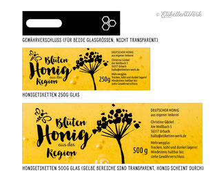 Transparente Honigetiketten, Design für Honig, Honigglasetiketten, Etiketten, Imker, Honiggläser, Honig Labels, Etikettendesign, Labledesign, durchsichtige Etiketten