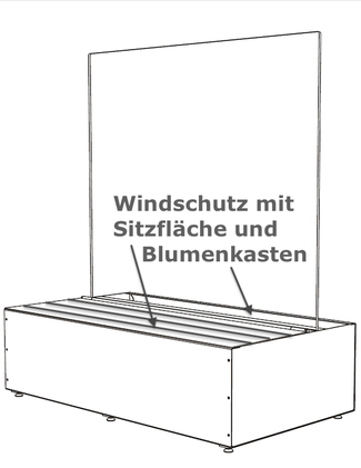 Windschutz-Modul mit integrierter Sitzfläche, Pflanzkasten und transparentem Glas