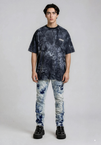 male model wearing a dark grey batik cotton t-shirt with white siglism letter print on front 